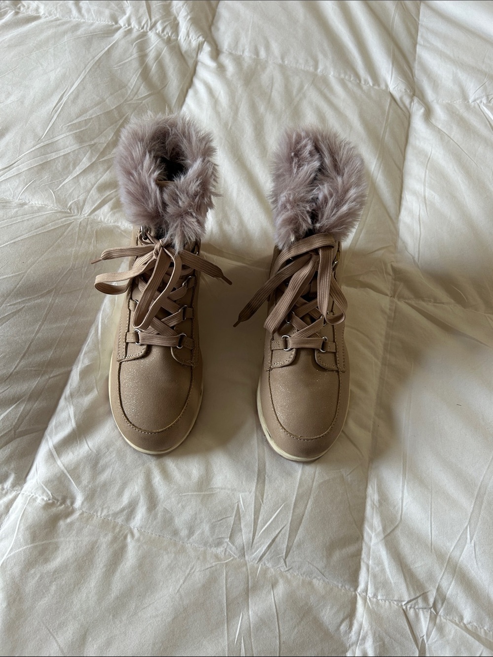 MIA Girl’s Lace-Up Ankle Boots with Faux Fur Trim - Shimmer Taupe
